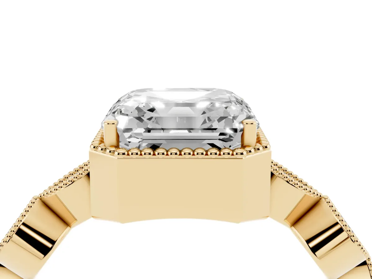 Asscher Cut Diamond Vintage Milgrain Ring with Round Stations Yellow gold