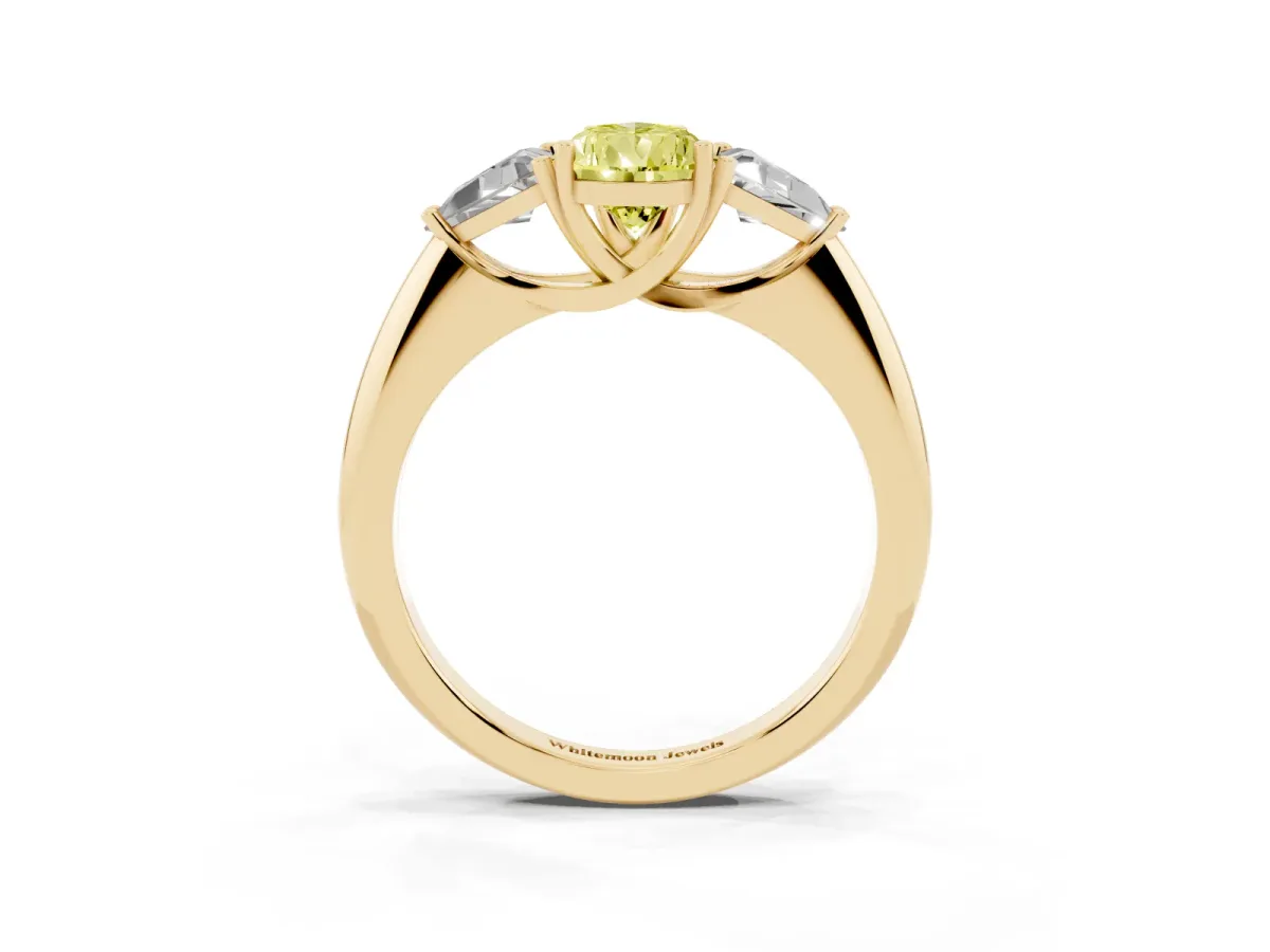 Fancy Yellow Three-Stone Pear Cut Diamond Engagement Ring with Trillion Side Stones and Prong Setting Yellow gold
