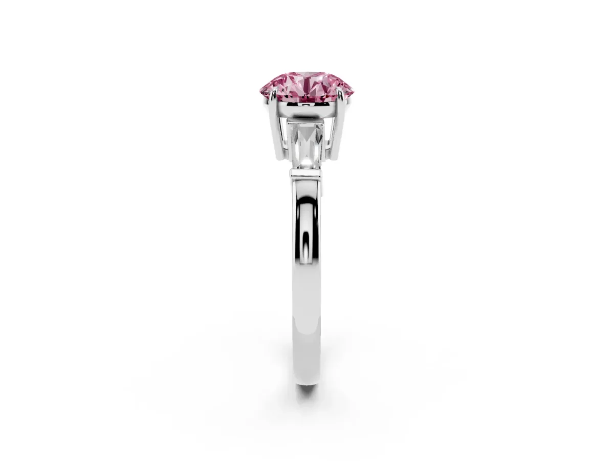 Fancy Pink Round Cut Diamond Three-Stone Ring with Tapered Baguette Side Stones and Prong Setting White gold