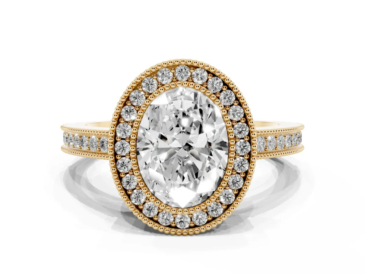 Oval Cut Cut Halo Diamond Ring with Pavé Band and Milgrain Prong Setting Yellow gold