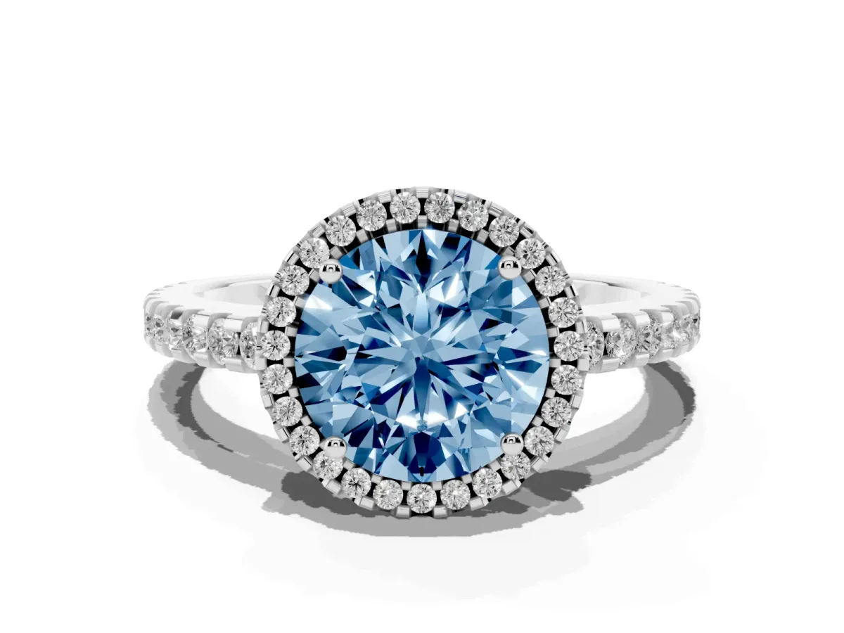 Fancy Blue Round Cut Diamond Halo Engagement Ring with Pavé Band and Prong Setting Platinum