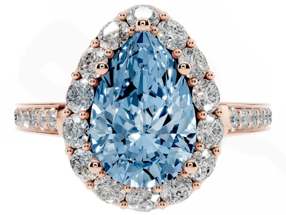 Fancy Blue Pear Cut Diamond Floral Halo Ring with Pavé Band and Prong Setting Rose gold
