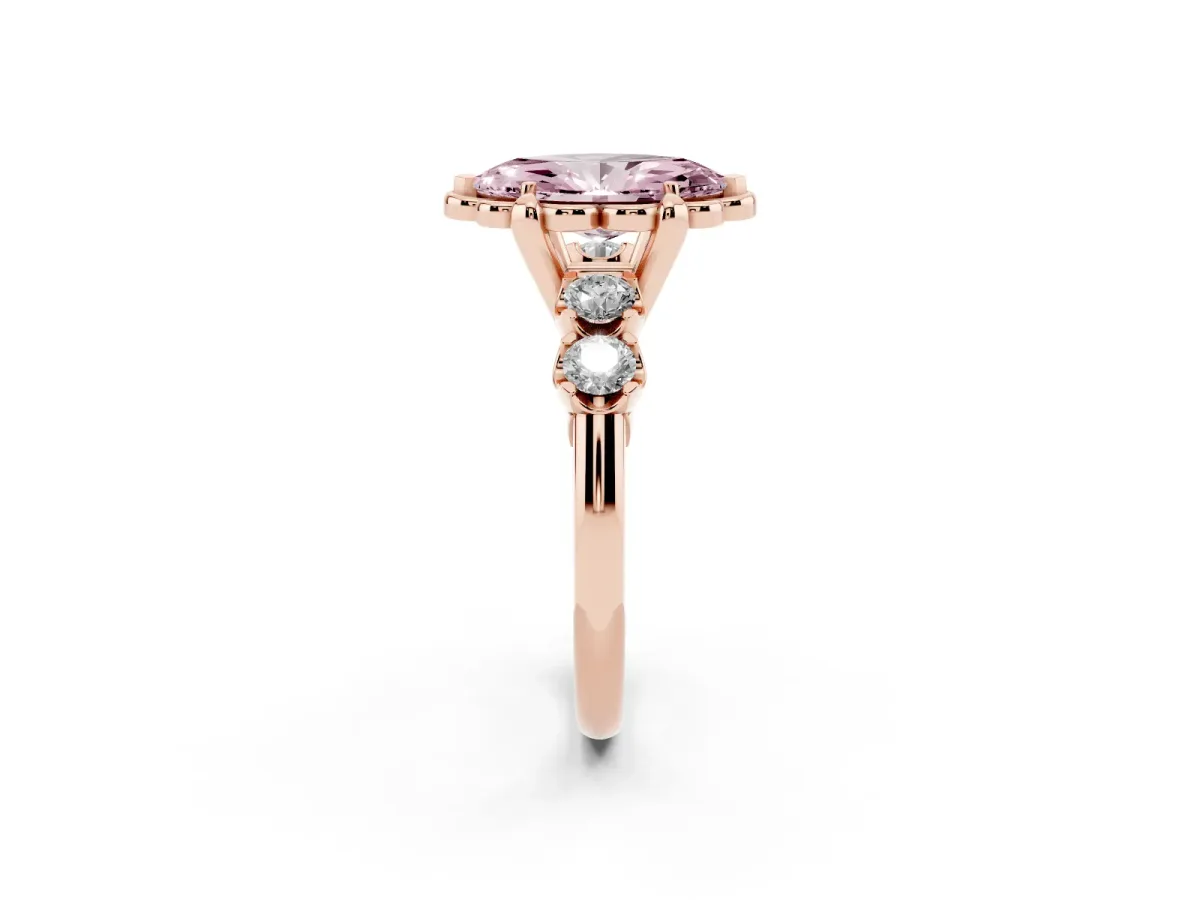 Fancy Pink Marquise Cut Cut Diamond Floral Halo Engagement Ring with Shared Prong Setting Rose gold