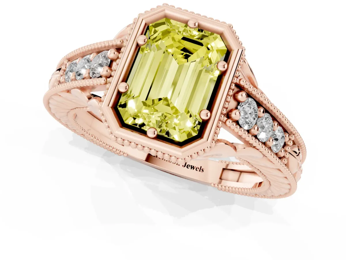 Fancy Yellow Bezel Set Emerald Cut Diamond Milgrain Pave Engagement Ring Rose gold