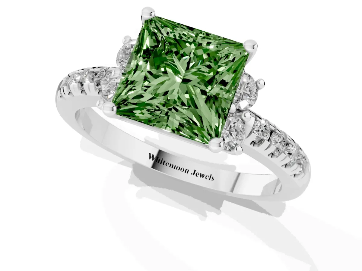 Fancy Green Princess Cut Diamond Three-Stone Pave Band with Four-Prong Setting Silver
