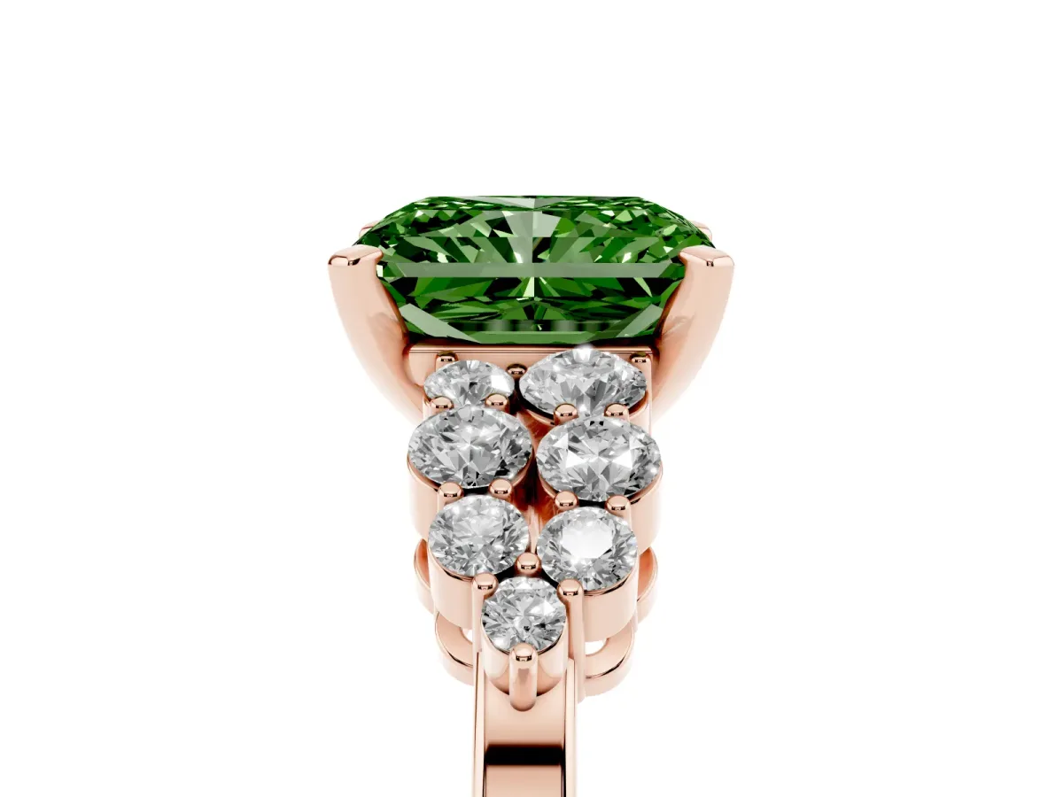 Fancy Green Radiant Cut Cluster Diamond Engagement Ring with Pavé Band and Four-Prong Setting Rose gold