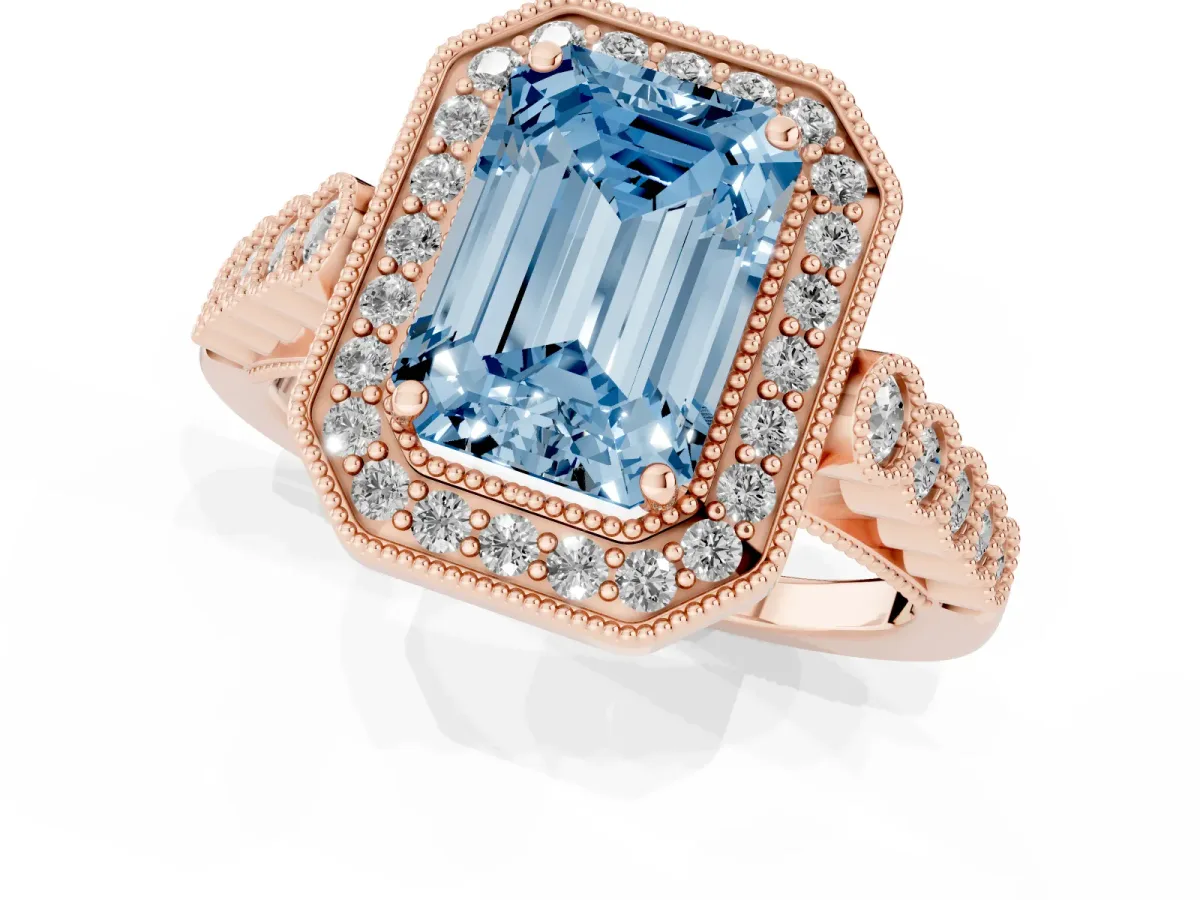 Fancy Blue Emerald Cut Halo Milgrain Solitaire with Bezel Set Side Stones and Pave Band Rose gold