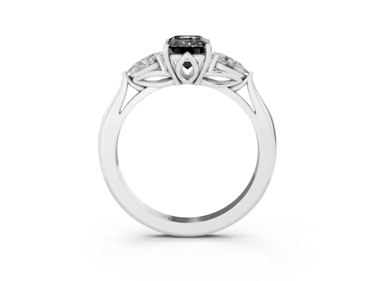 Fancy Black Emerald Cut Diamond Three-Stone Ring with Pear Side Stones and Prong Setting White gold