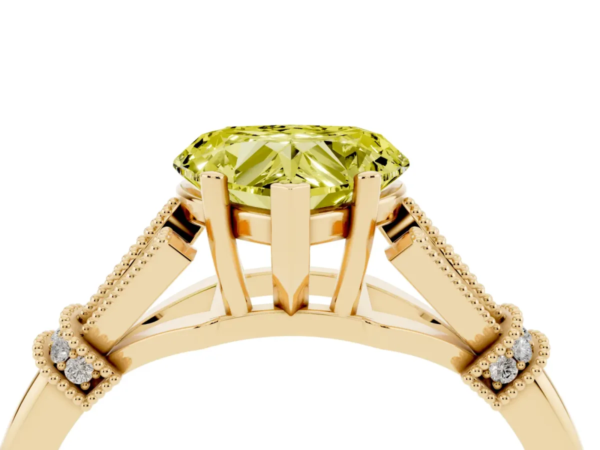 Fancy Yellow Heart Cut Diamond Solitaire Ring with Floral Filigree and Pave Accents Yellow gold