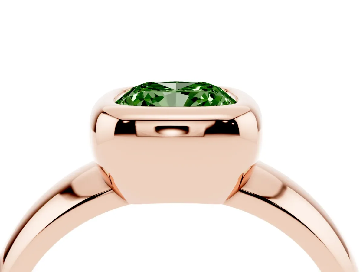 Fancy Green Bezel Set Cushion Cut Solitaire Ring with Wide Band Rose gold