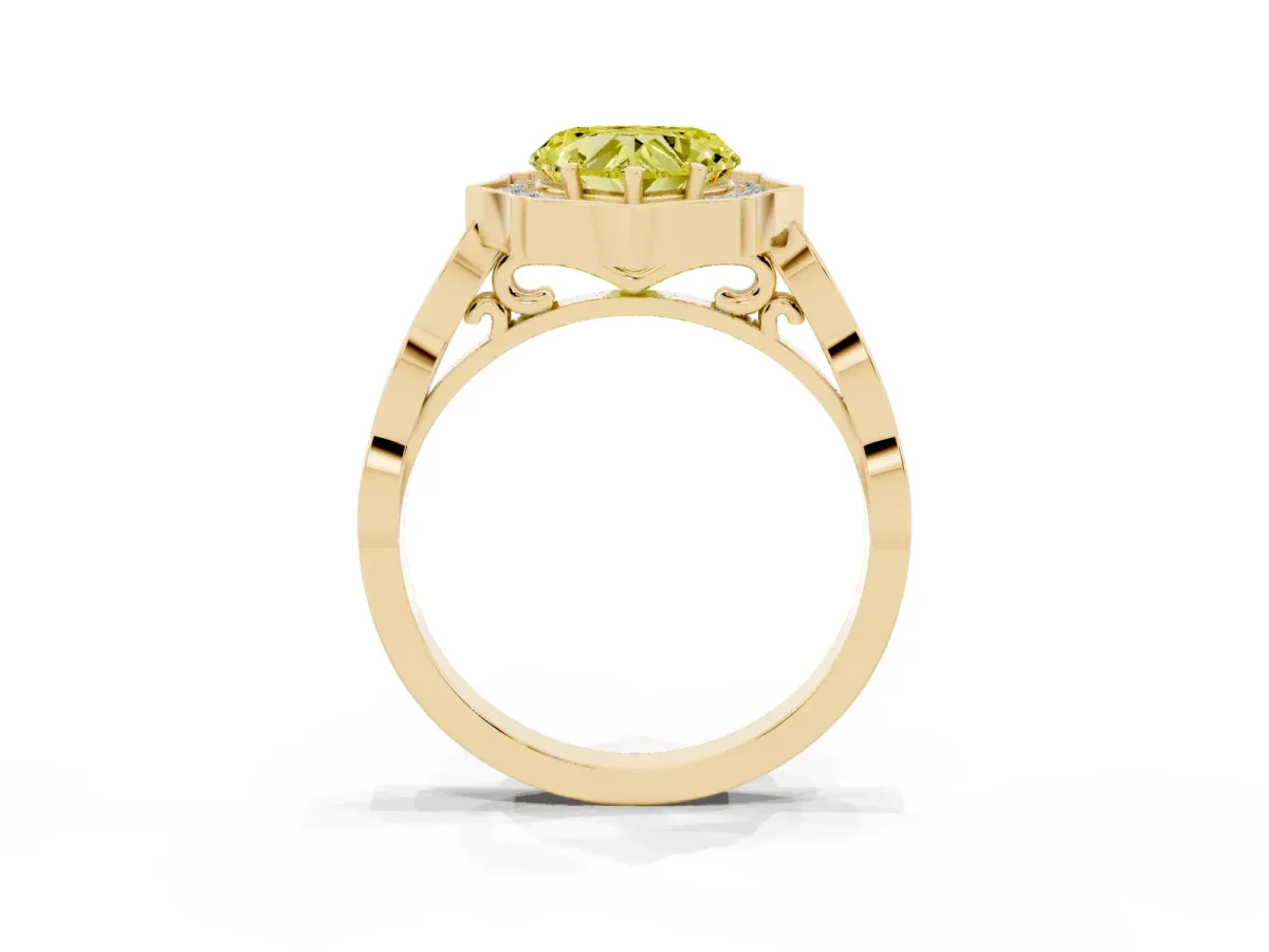 Fancy Yellow Heart Cut Halo Diamond Engagement Ring with Milgrain Band and Four-Prong Setting Yellow gold