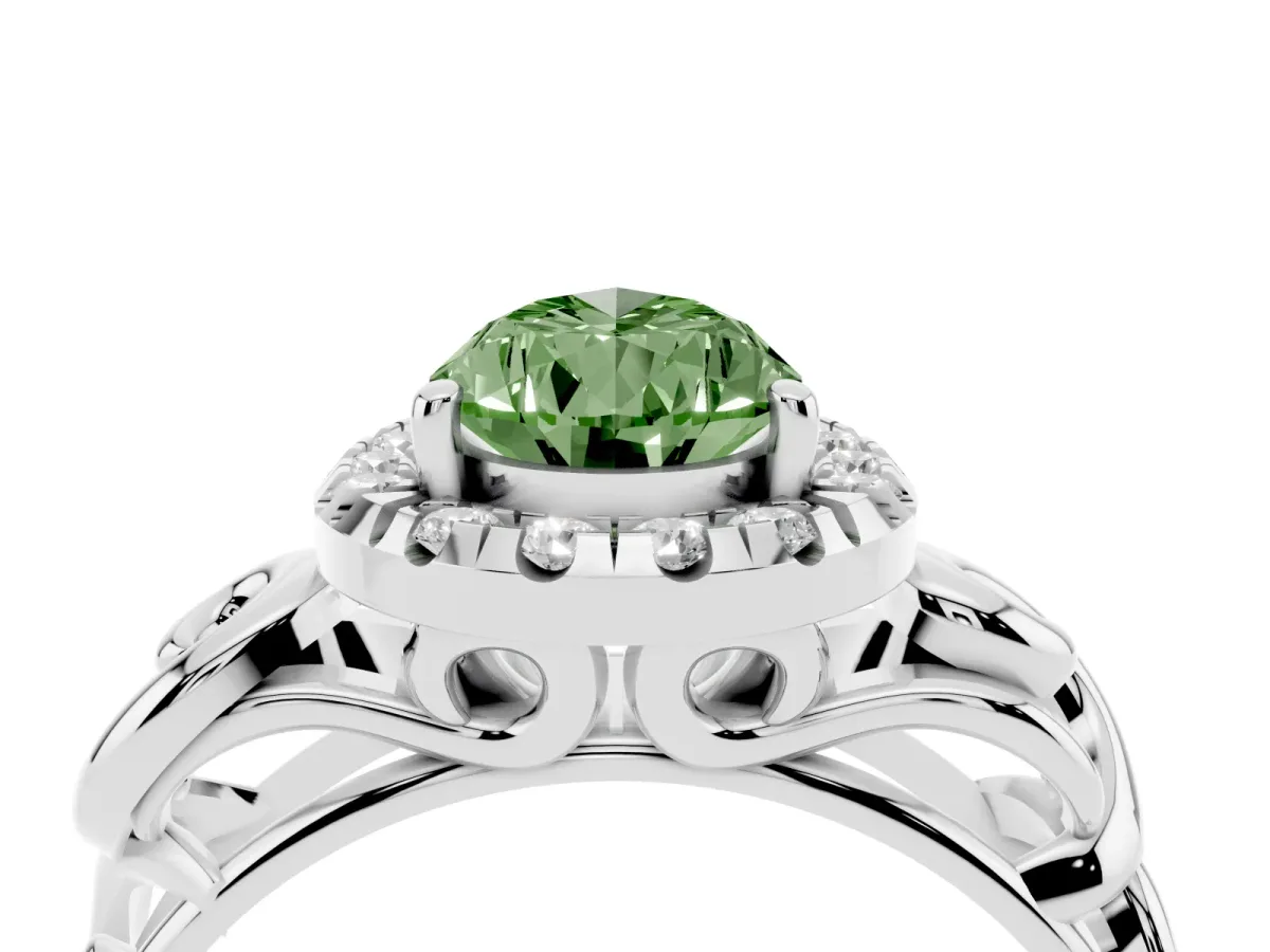 Fancy Green Pear Cut Cut Halo Diamond Ring with Scrollwork Band and Four-Prong Setting Platinum
