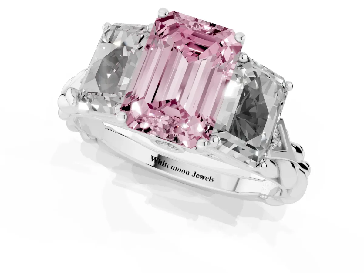 Fancy Pink Three-Stone Emerald Cut Diamond Braided Band Ring with Four-Prong Setting Platinum