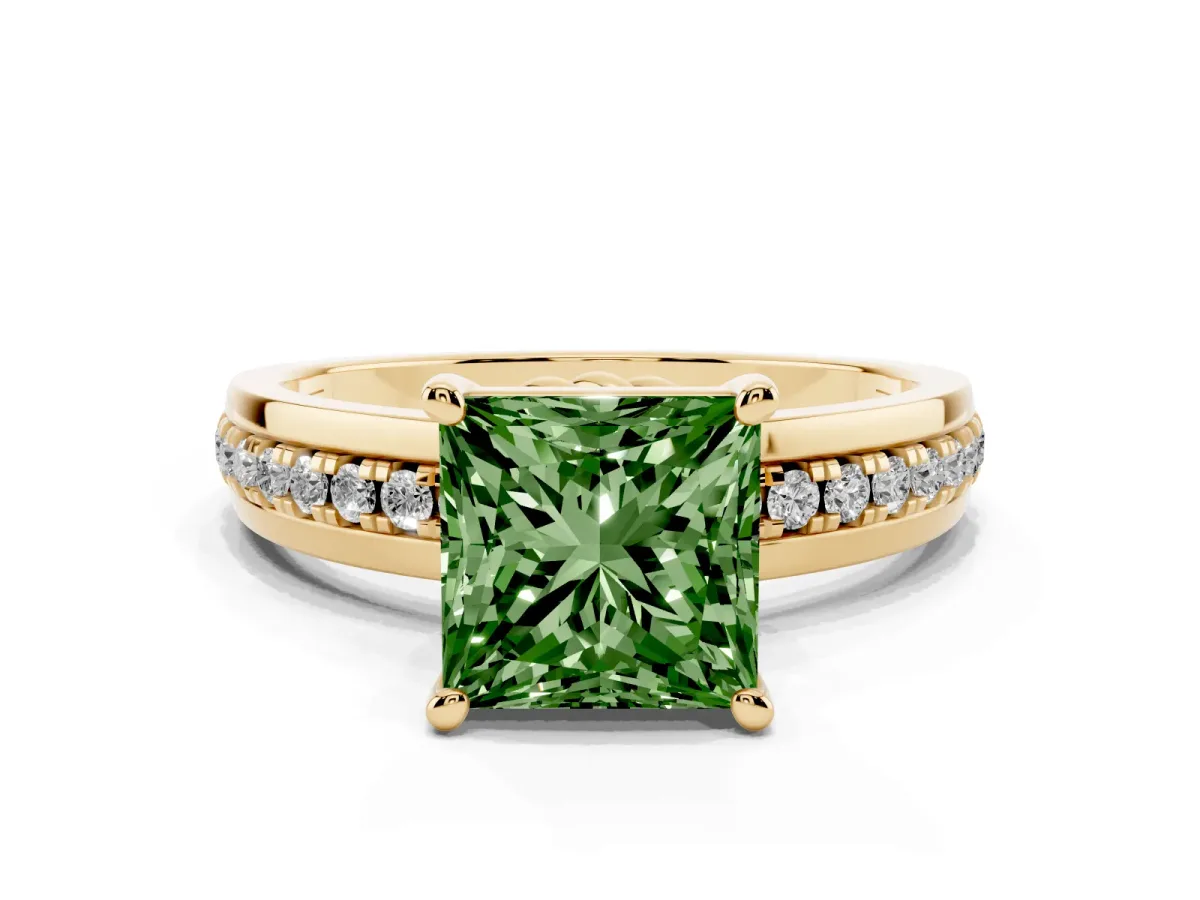 Fancy Green Princess Cut Solitaire Diamond Ring with Channel Set Band and Six-Prong Setting Yellow gold