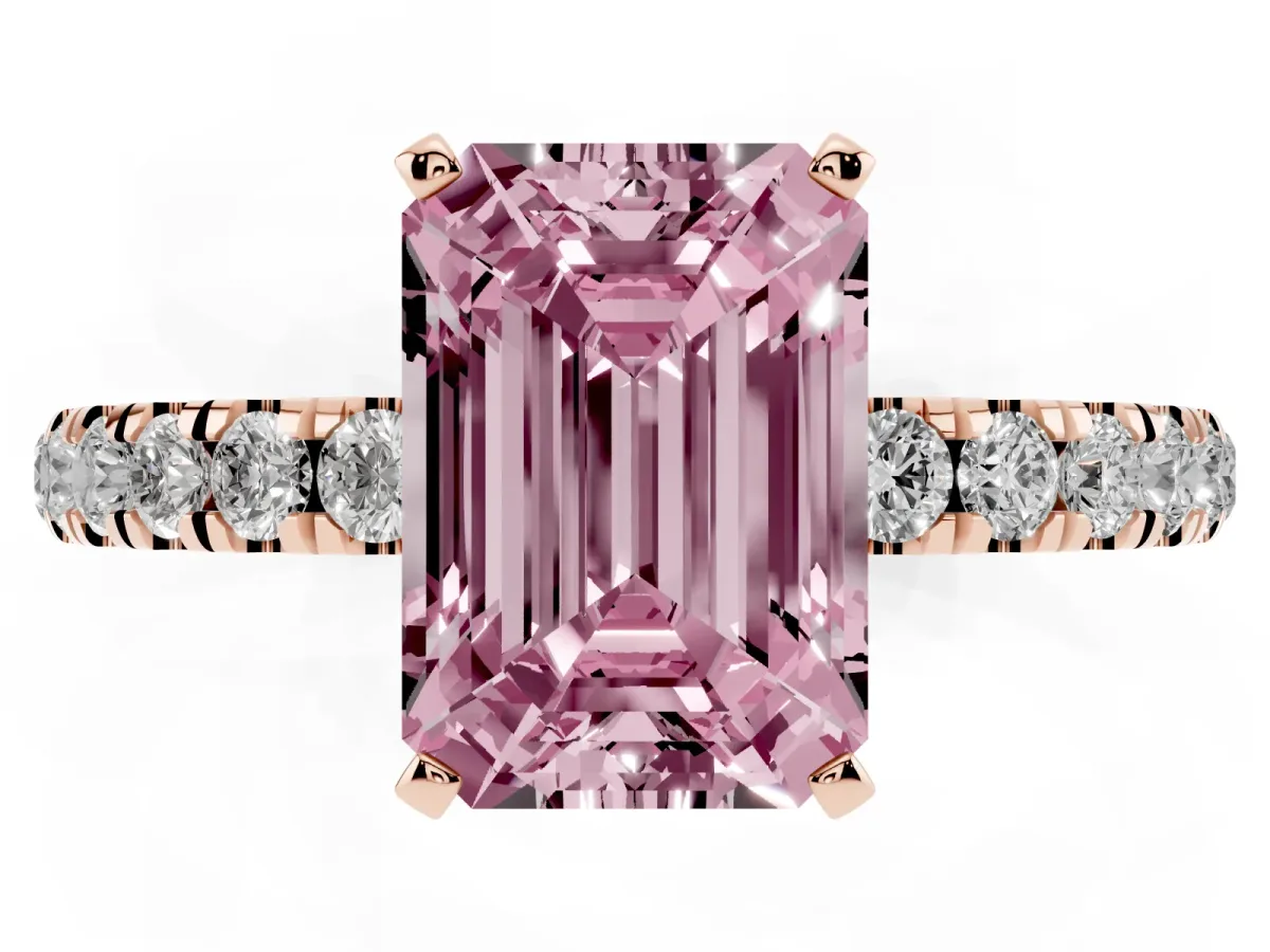 Fancy Pink Emerald Cut Diamond Solitaire Ring with Pavé Accents and Four-Prong Setting Rose gold