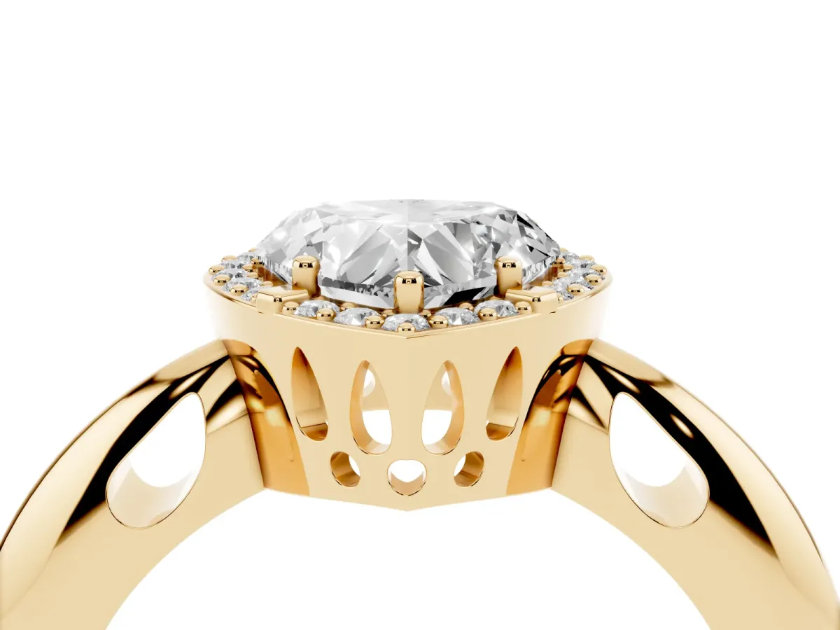 Heart Cut Cut Diamond Halo Engagement Ring with Split Shank and Four-Prong Setting Yellow gold