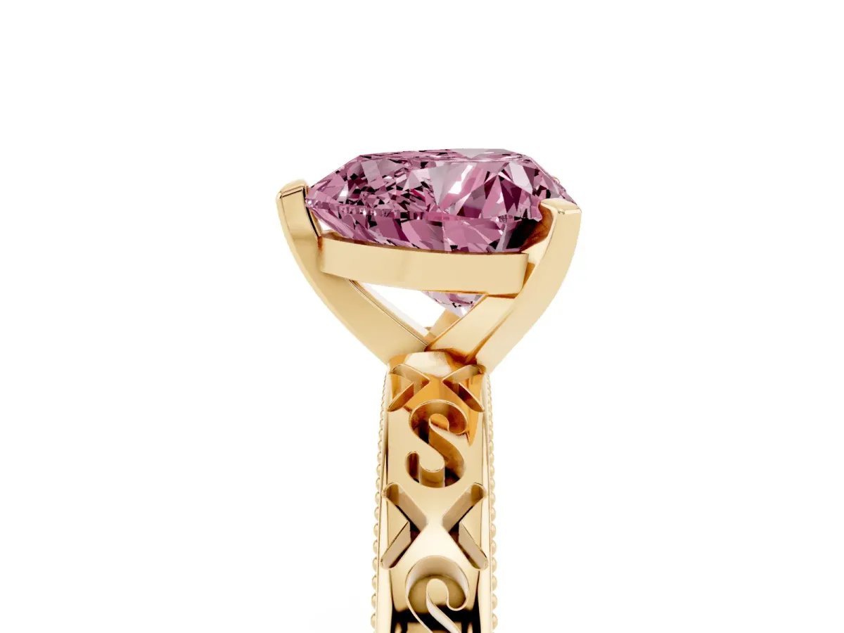 Fancy Pink Heart Cut Solitaire Engagement Ring with Scrollwork Band and Four-Prong Setting Yellow gold