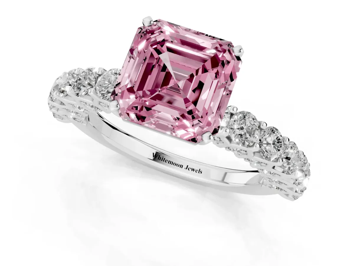Fancy Pink Asscher Cut Diamond Solitaire Ring with Shared Prong Pavé Band and Four-Prong Setting Silver