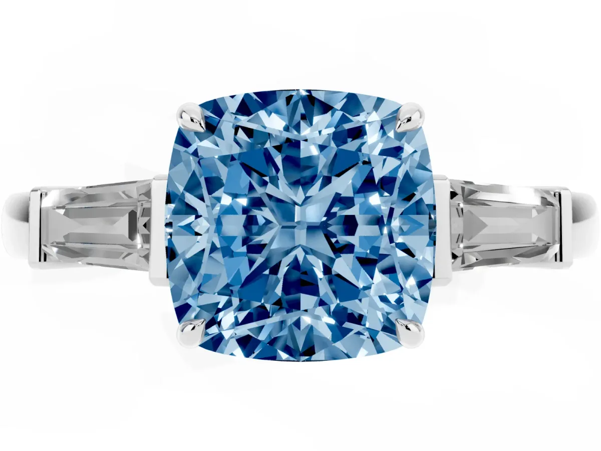 Fancy Blue Cushion Cut Diamond Three-Stone Ring with Tapered Baguette Side Stones and Prong Setting Silver