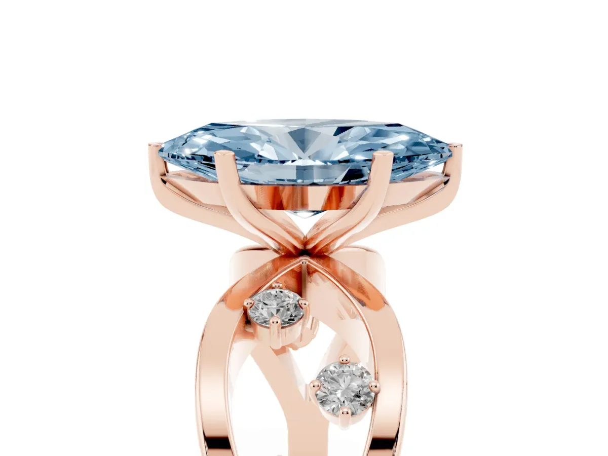 Fancy Blue Marquise Cut Cut Solitaire Diamond with Side Stones on Criss-Cross Band and Four-Prong Setting Rose gold