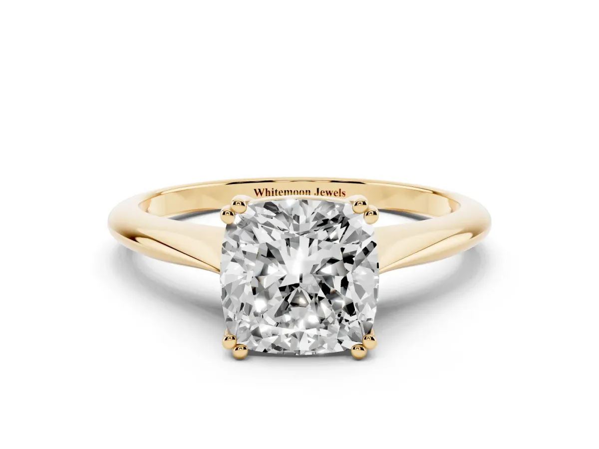 Cushion Cut Solitaire Diamond Ring with Six-Prong Setting and Classic Band Yellow gold