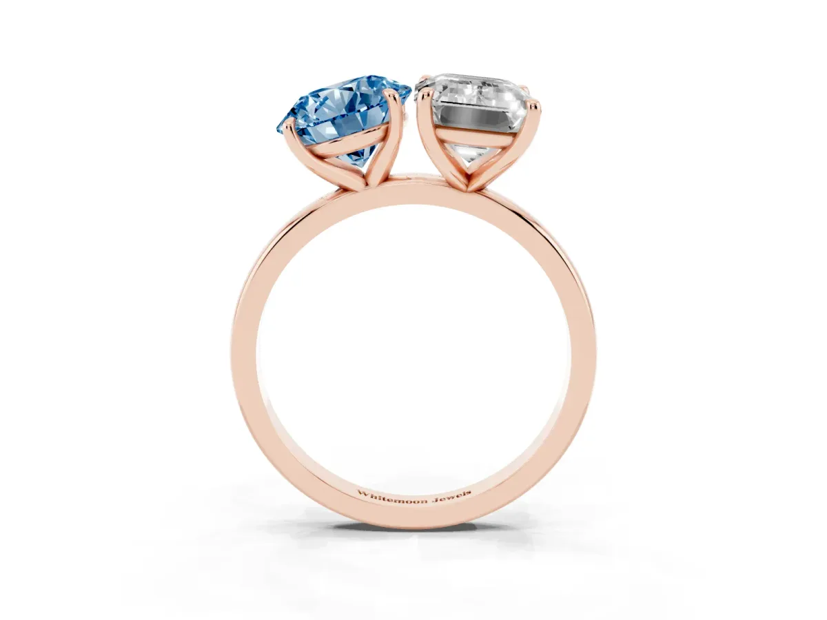 Fancy Blue Round Cut and Emerald Cut Toi Moi Ring with Prong Setting Rose gold