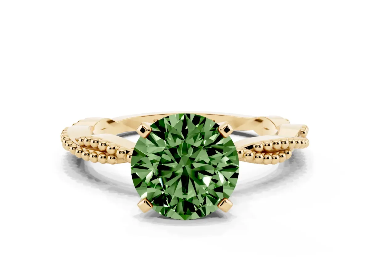 Fancy Green Round Cut Solitaire Twisted Band with Bead Prong Setting Yellow gold