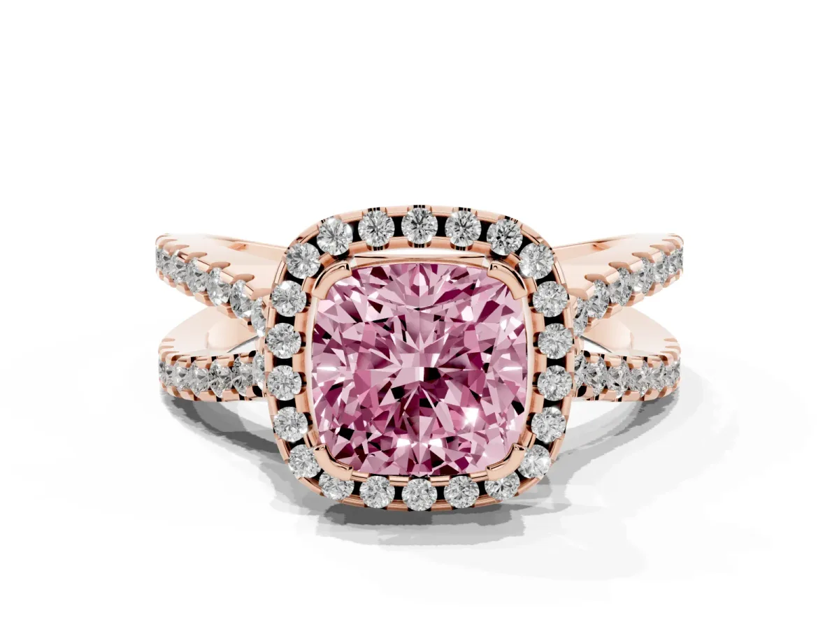 Fancy Pink Cushion Cut Diamond Halo Ring with Split Shank Pavé Band and Prong Setting Rose gold