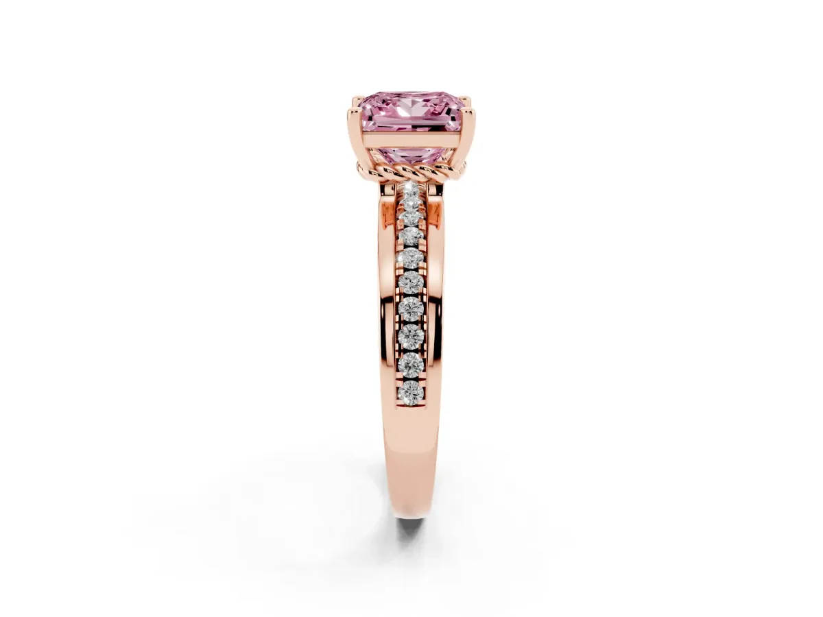 Fancy Pink Princess Cut Solitaire Diamond Ring with Channel Set Band and Six-Prong Setting Rose gold