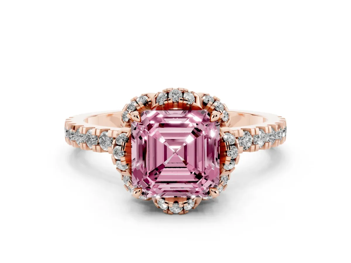 Fancy Pink Asscher Cut Diamond Halo Pave Band with Four-Prong Setting Rose gold