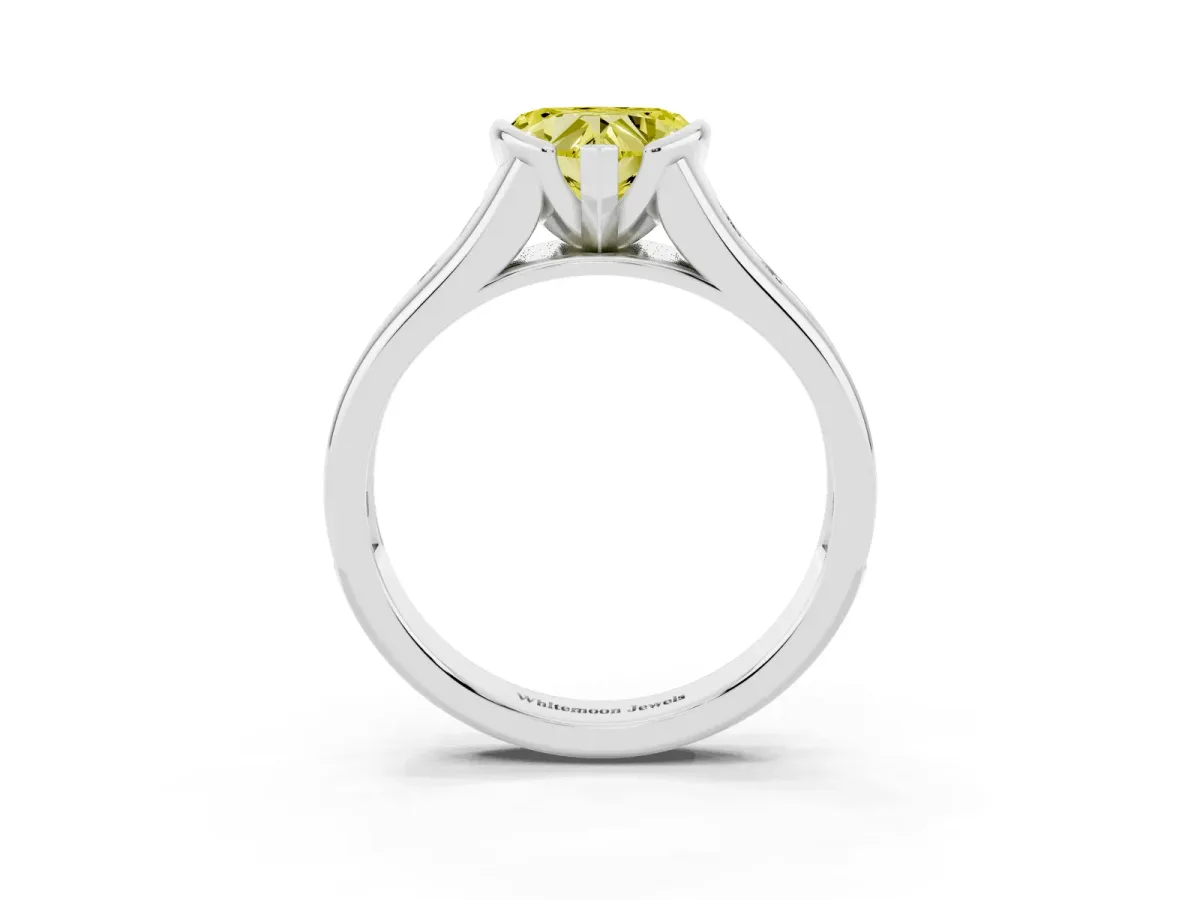 Fancy Yellow Heart Cut Solitaire Bezel-Set Diamond Ring with Channel-Set Band Silver