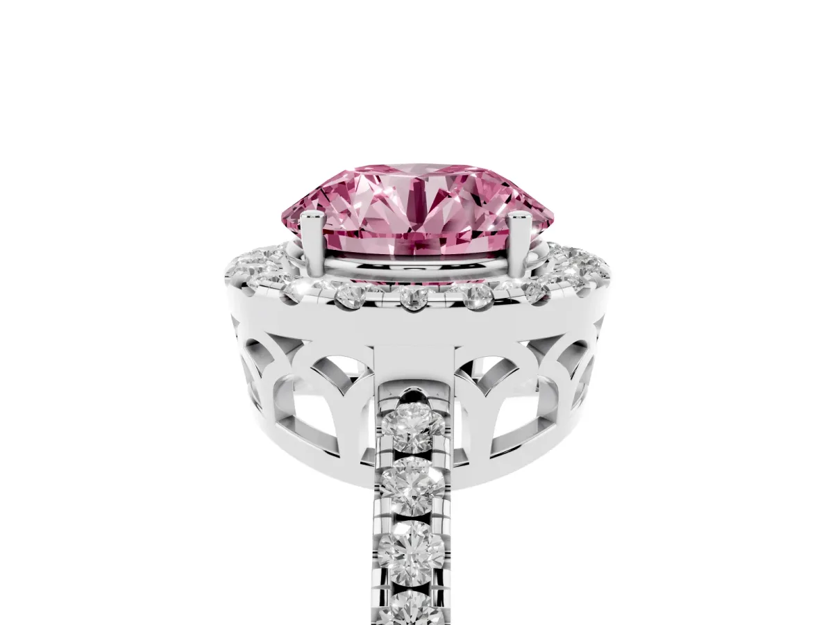 Fancy Pink Round Cut Halo Diamond Engagement Ring with Pavé Band and Four-Prong Setting Platinum