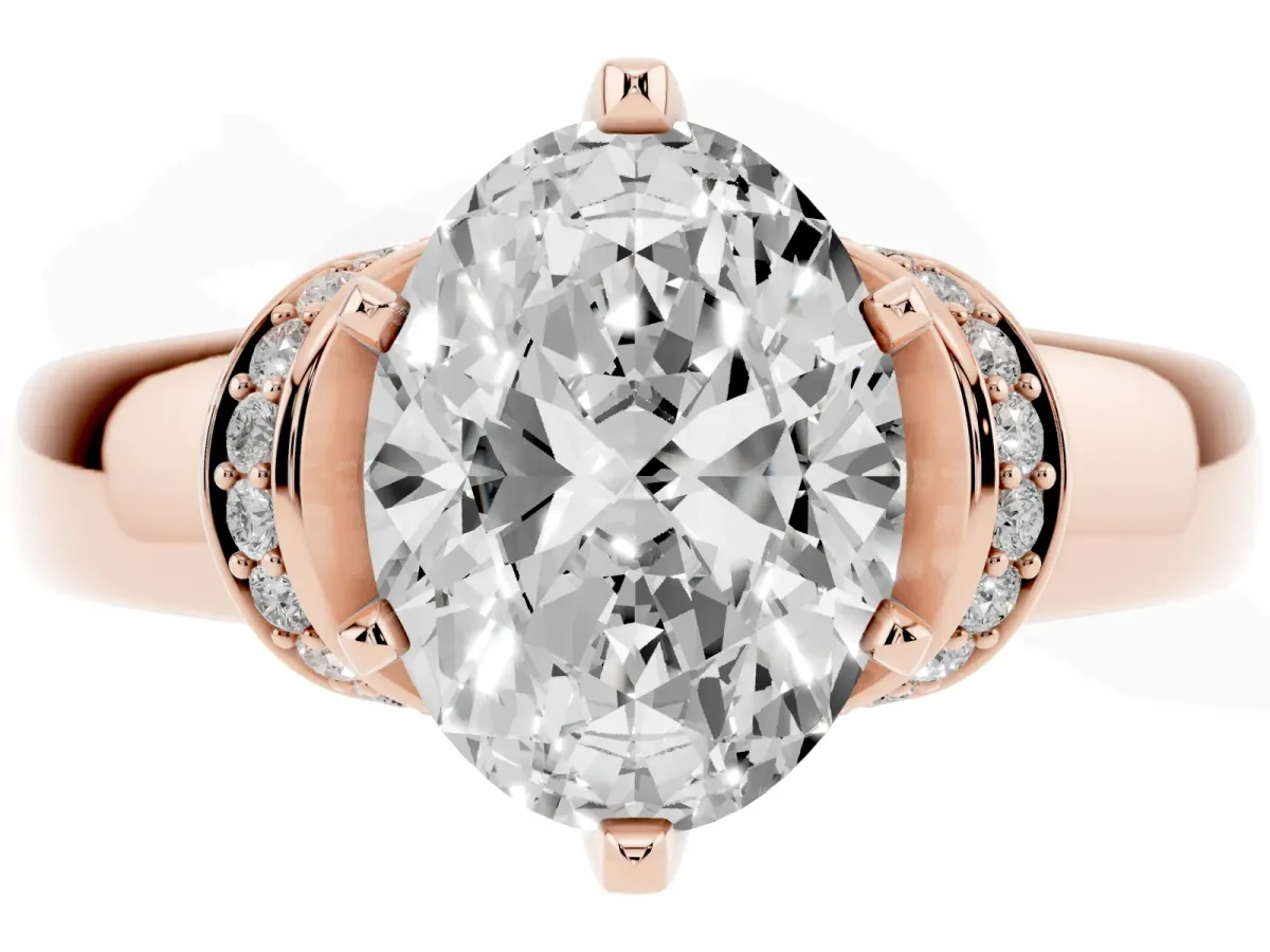 Oval Cut Solitaire Diamond Ring with Pave Band and Six-Prong Setting Rose gold
