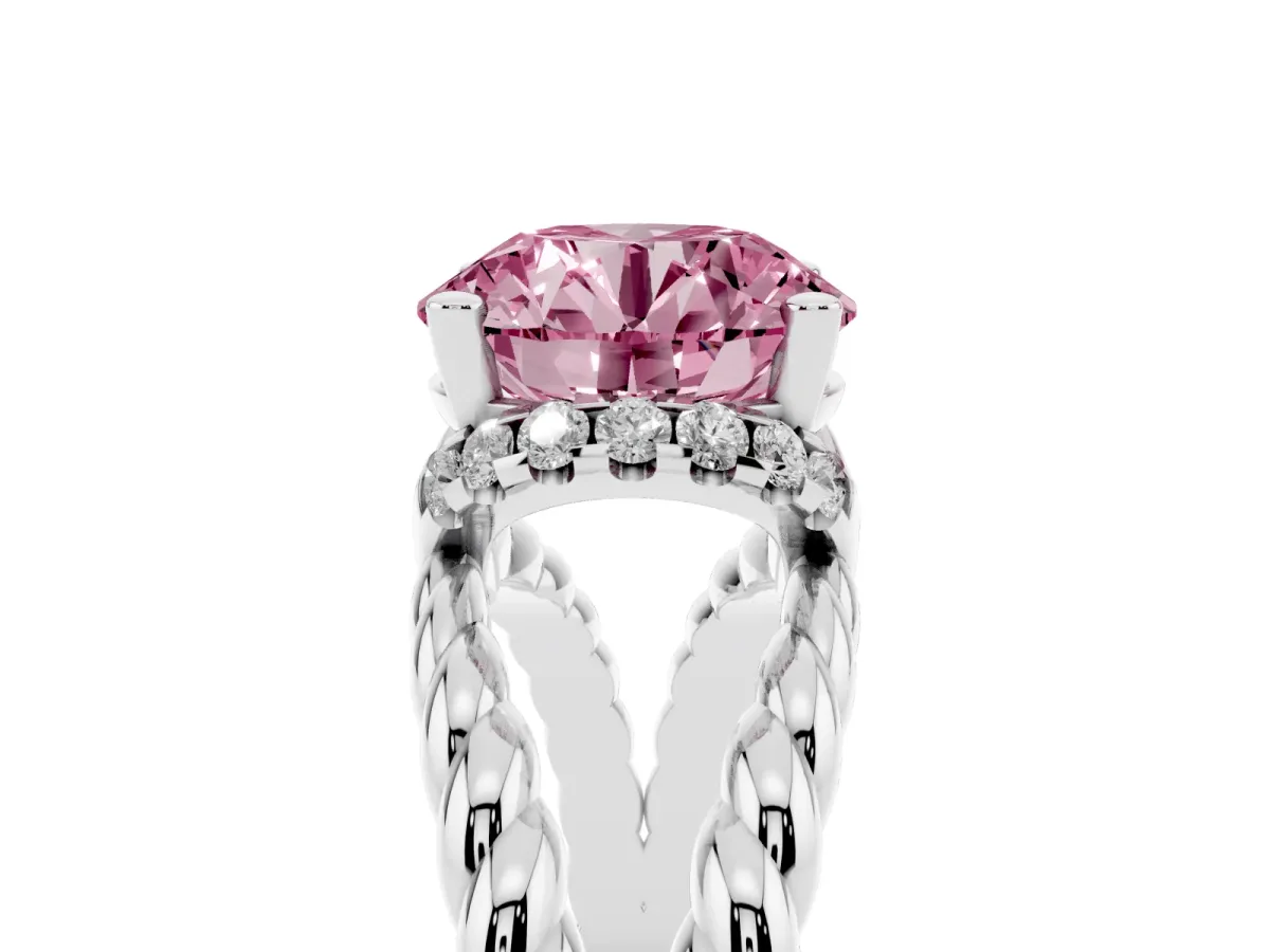 Fancy Pink Round Cut Halo Twisted Band Four-Prong Ring Silver