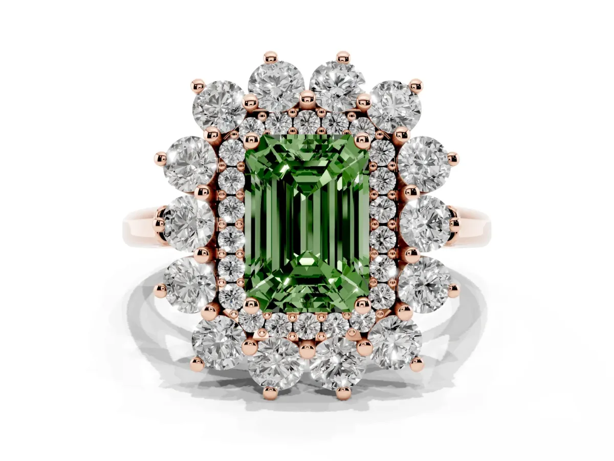 Fancy Green Emerald Cut Diamond Floral Double Halo Engagement Ring with Prong Setting Rose gold