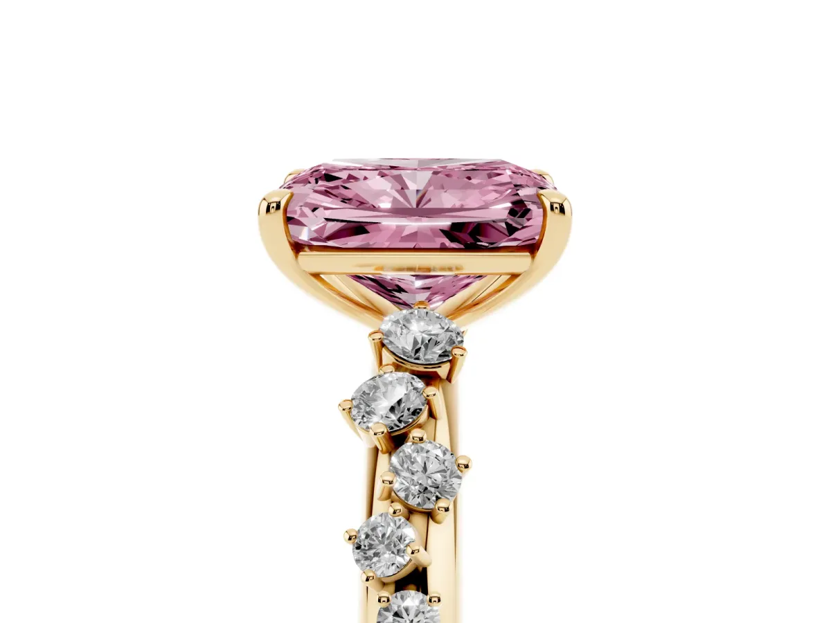 Fancy Pink Radiant Cut Diamond Cluster Prong-Set Solitaire Ring Yellow gold