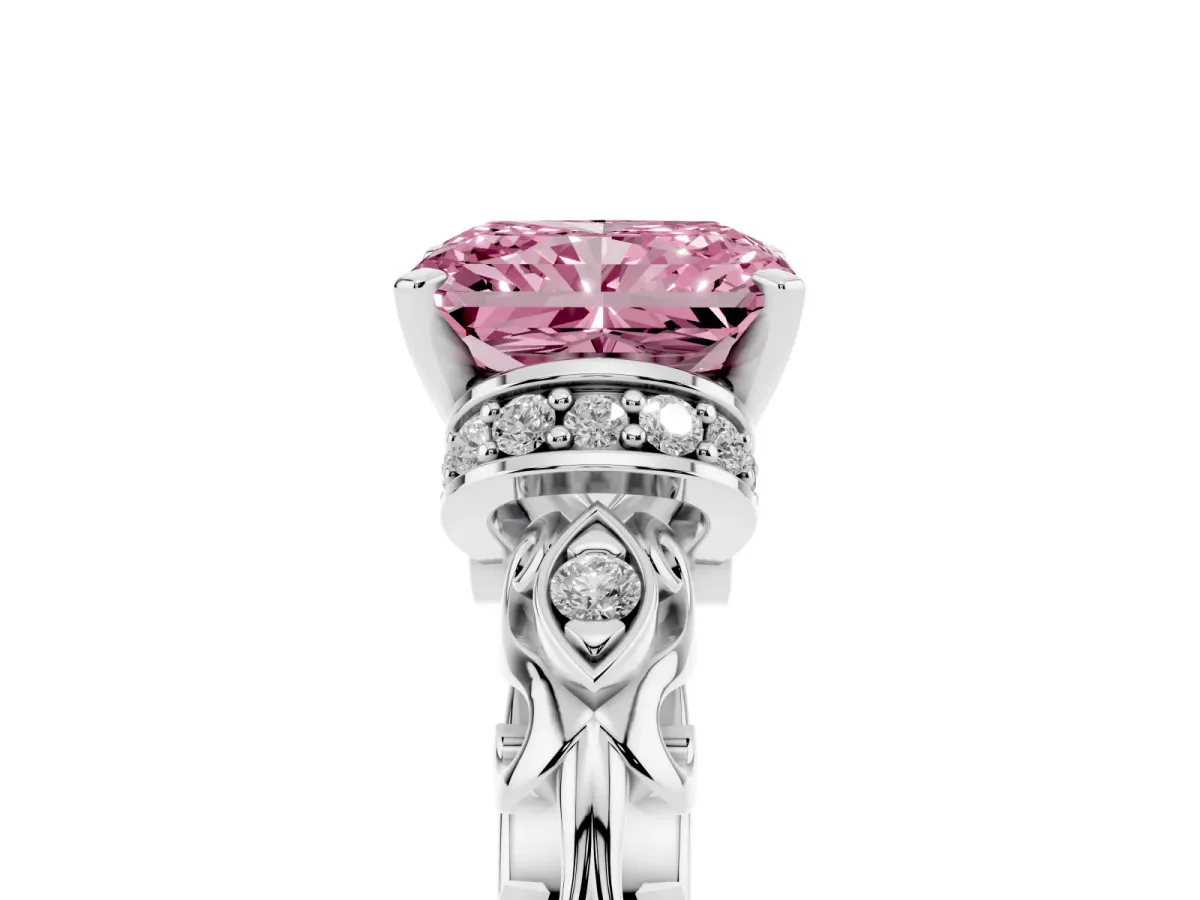 Fancy Pink Radiant Cut Diamond Solitaire Ring with Filigree Band and Four-Prong Setting Silver