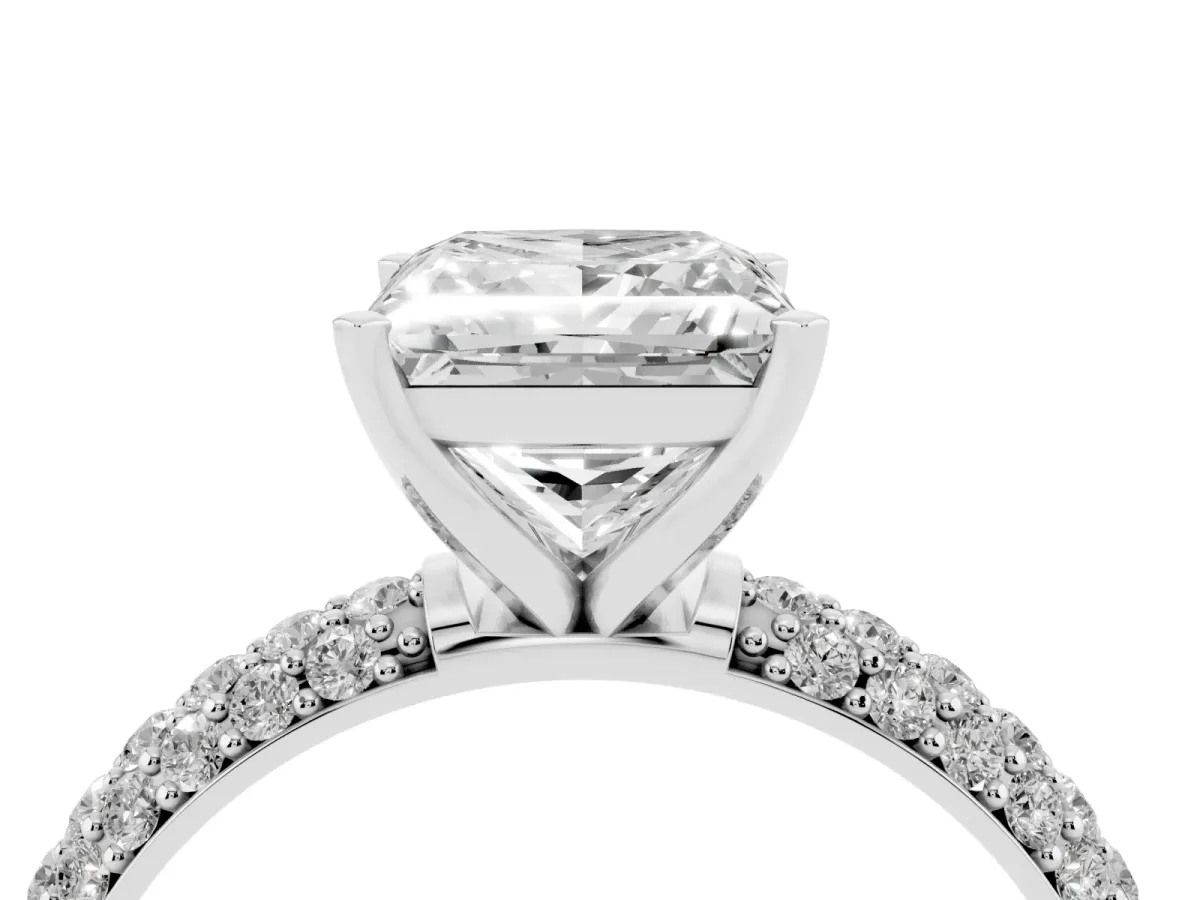 Princess Cut Diamond Solitaire Ring with Prong Setting and Pavé Band Silver