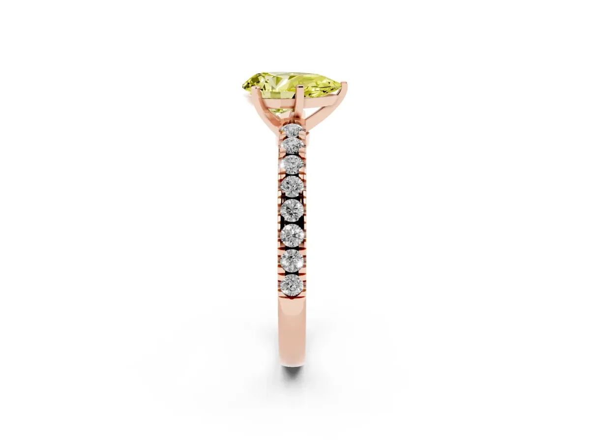 Fancy Yellow Pear Cut Solitaire Diamond with Pavé Band and Four-Prong Setting Rose gold