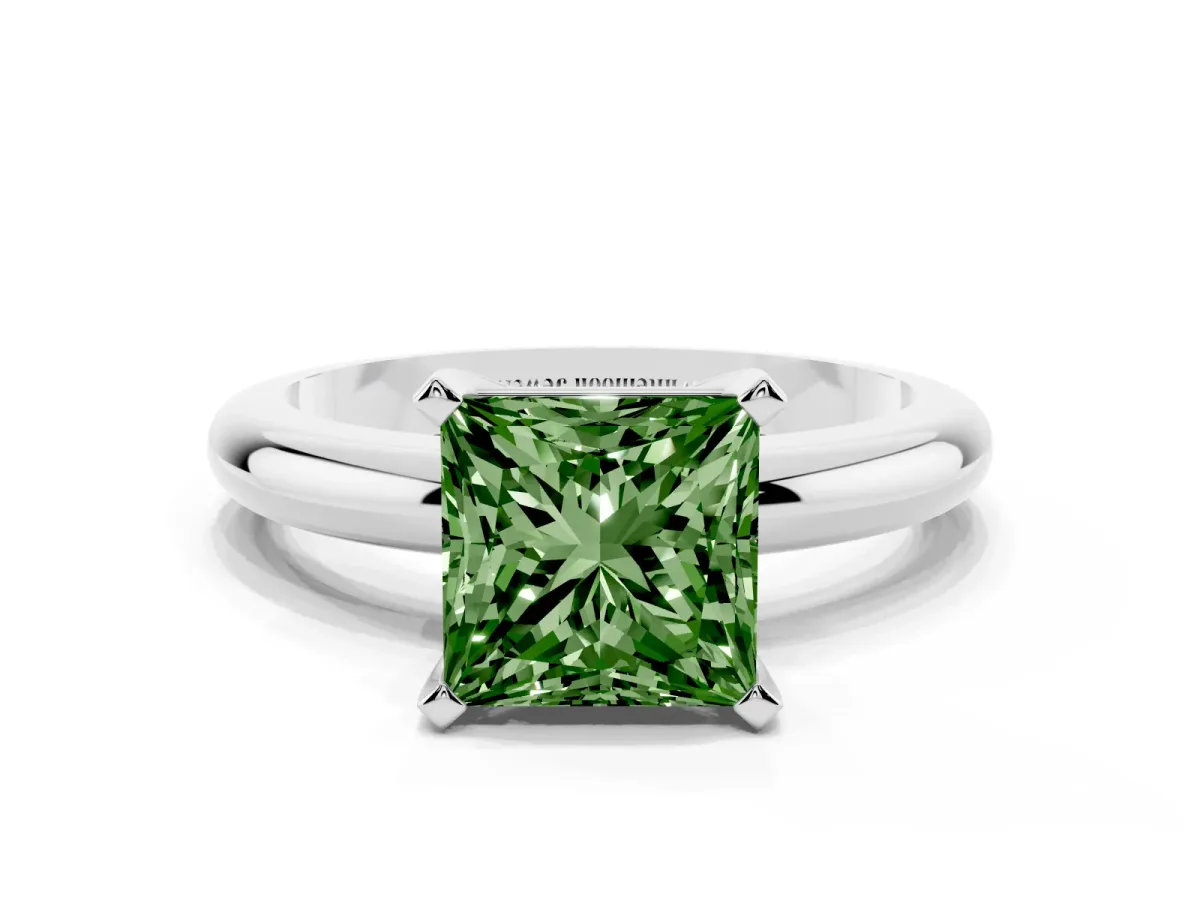 Fancy Green Princess Cut Diamond Solitaire Engagement Ring with Round Band and Four-Prong Setting Platinum