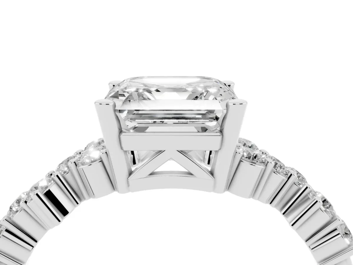 Asscher Cut Diamond Scattered Round Accent Ring with Prong Setting White gold