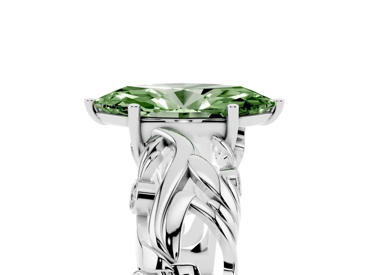 Fancy Green Marquise Cut Solitaire Diamond Leaf-Inspired Vine Band Ring with Prong Setting Silver