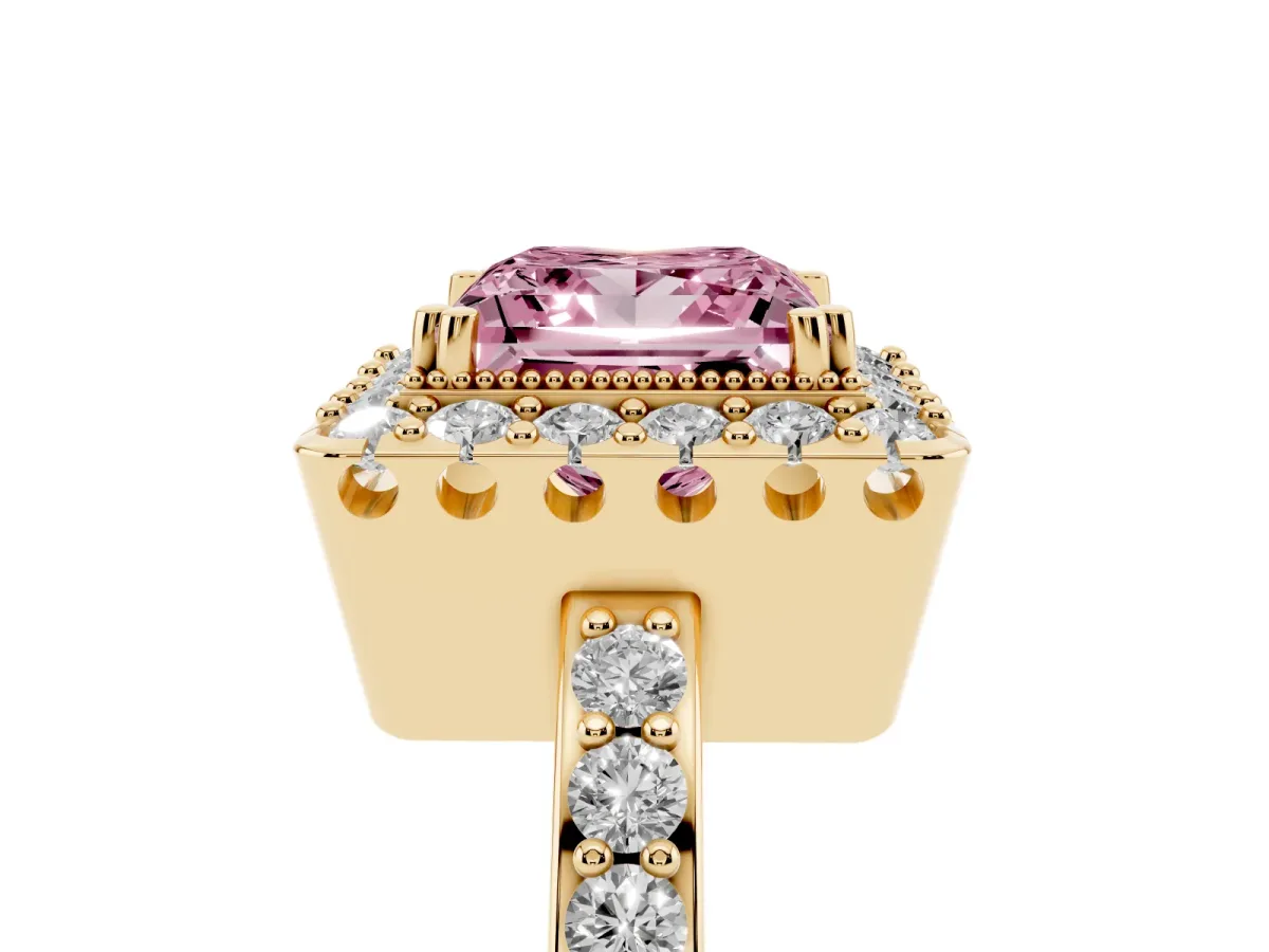 Fancy Pink Princess Cut Diamond Halo Ring with Pavé Band and Prong Setting Yellow gold