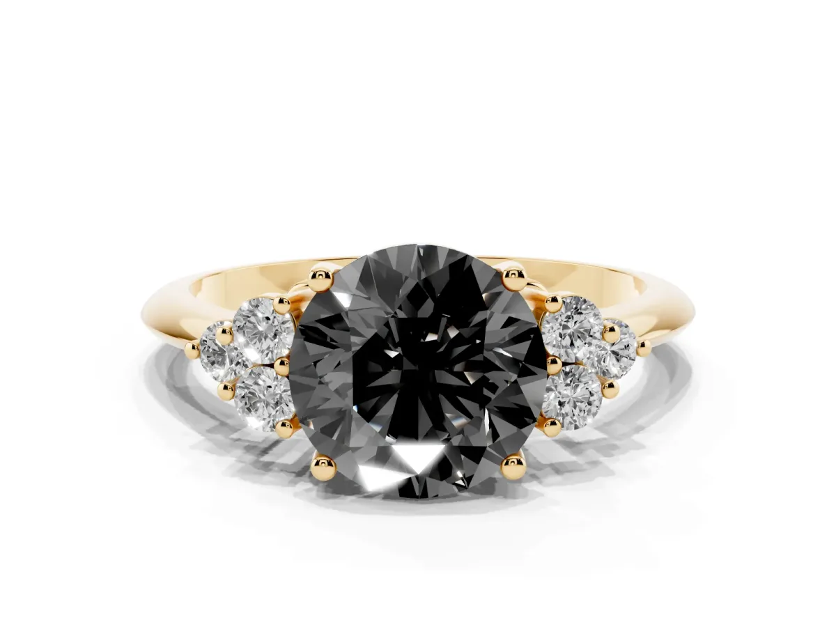 Fancy Black Round Cut Cut Diamond Cluster Ring with Solitaire Band and Four-Prong Setting Yellow gold