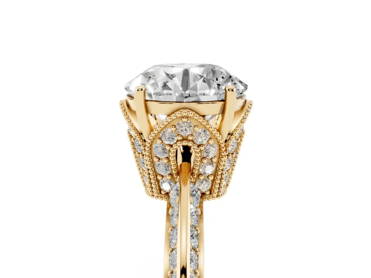 Round Cut Solitaire Split Shank Pave Diamond Engagement Ring with Four-Prong Setting Yellow gold