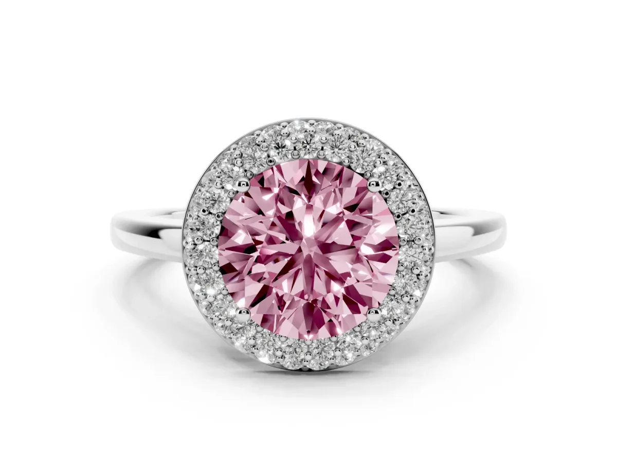Fancy Pink Round Cut Halo Diamond Engagement Ring with Solitaire Band and Four-Prong Setting White gold