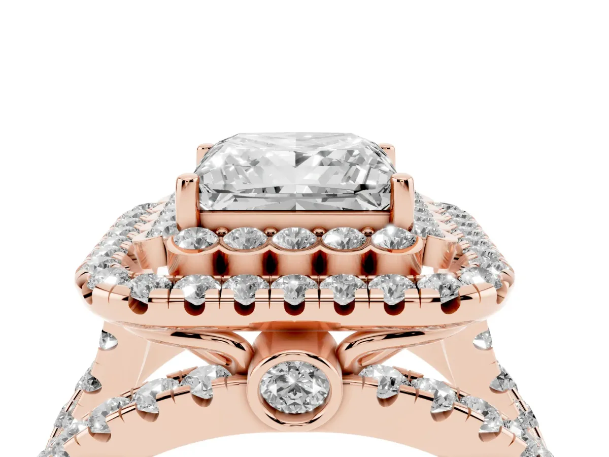 Princess Cut Diamond Double Halo Ring with Round Pavé Split Shank and Prong Setting Rose gold