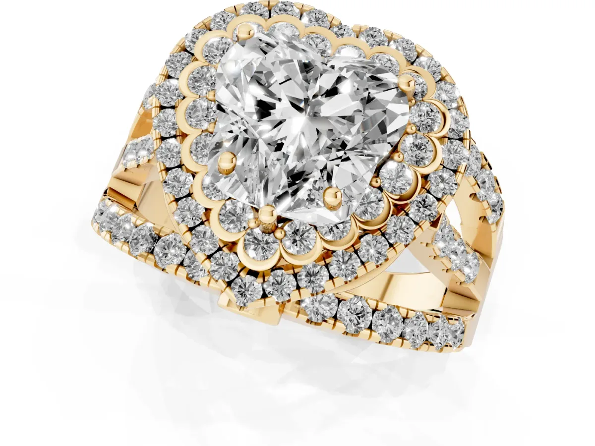 Heart Cut Diamond Double Halo Ring with Round Pavé Split Shank and Prong Setting Yellow gold