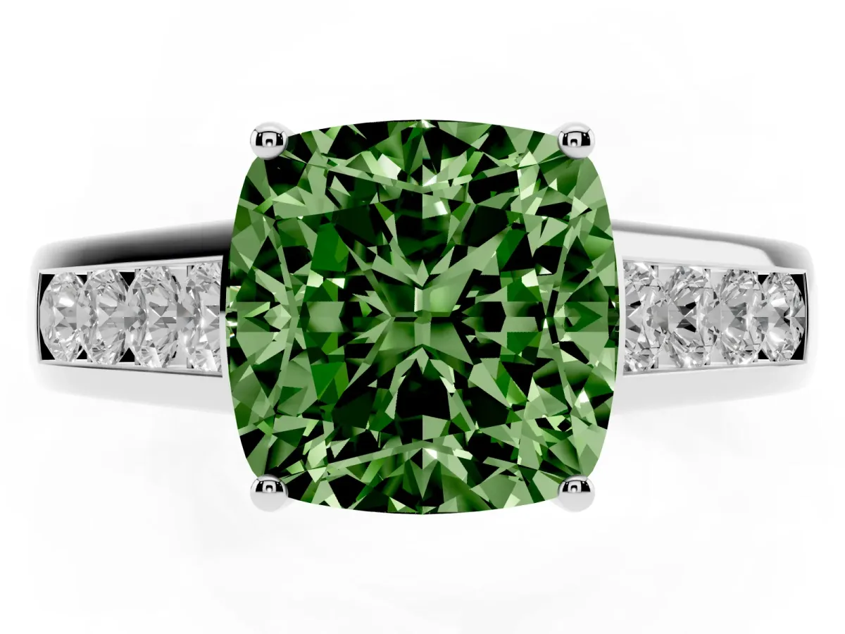 Fancy Green Cushion Cut Brilliant Channel-Set Solitaire Ring with Four-Prong Setting Silver