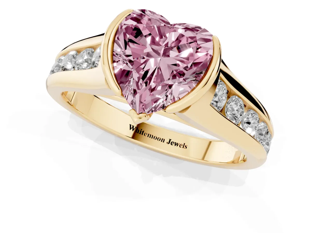 Fancy Pink Heart Cut Solitaire Bezel-Set Diamond Ring with Channel-Set Band Yellow gold